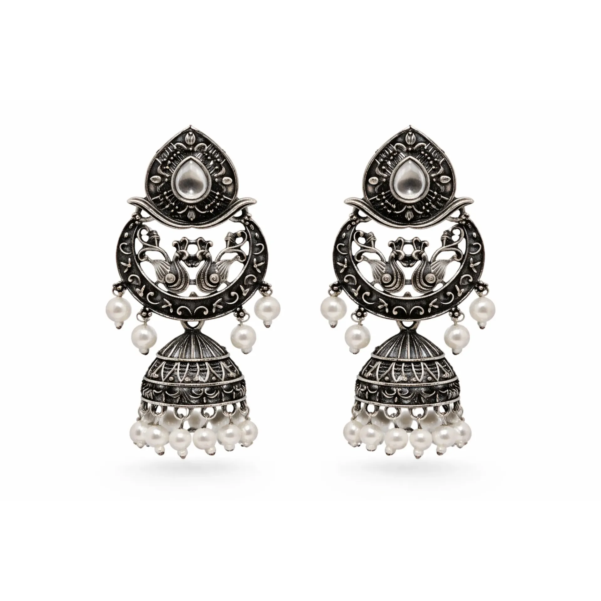 Dazzlé Oxidised Silver Tone Peacock Motif Pearl Jhumka Earrings for Women
