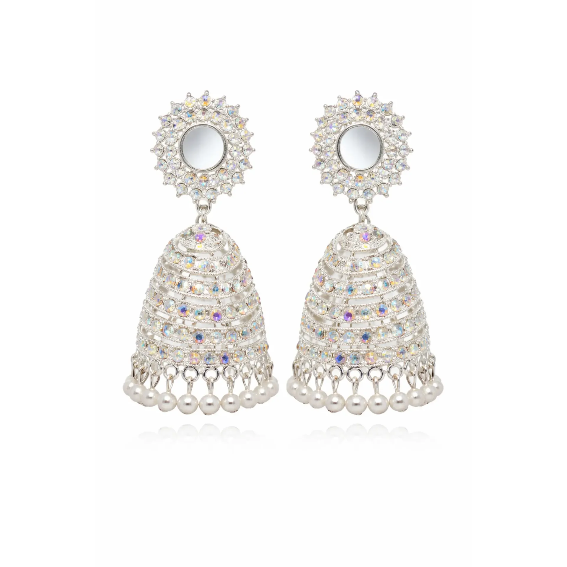 Dazzlé Silver-Tone Crystal Studded Jhumka Earrings with Pearl Drops