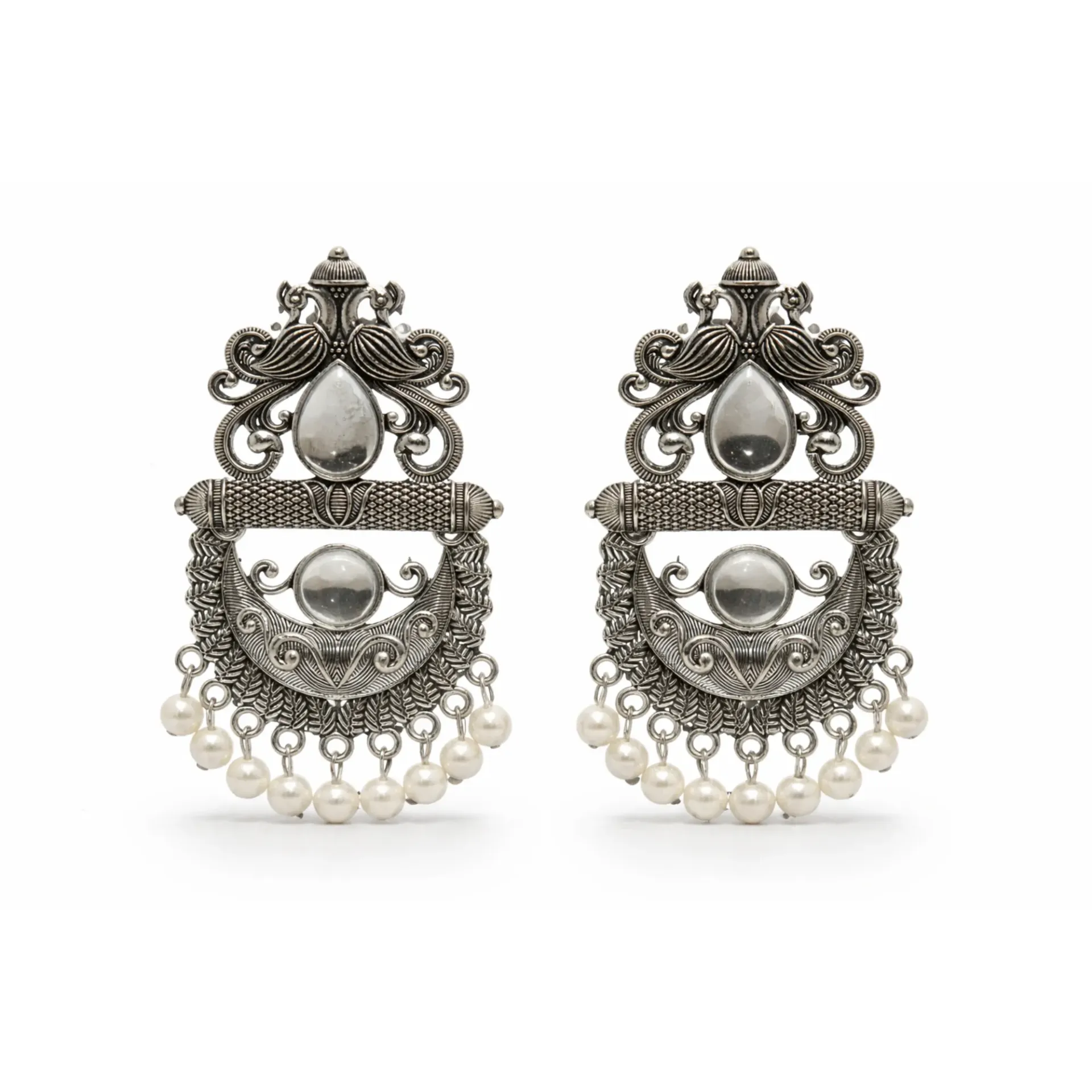 Dazzlé Oxidised Silver-Tone Tribal Drop Earrings with Pearl Danglers