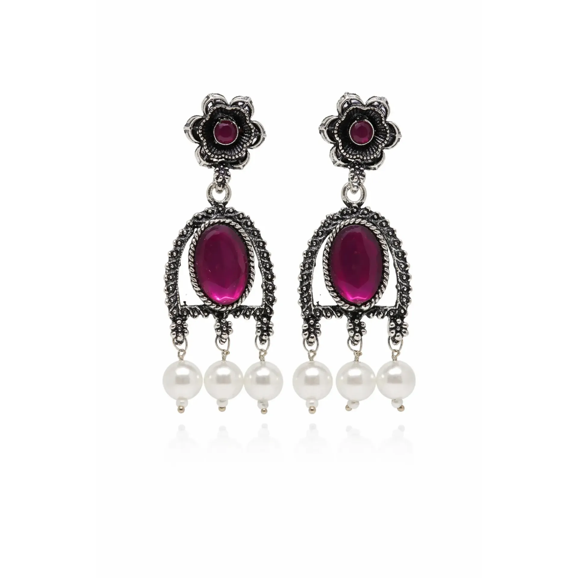 Dazzlé Oxidised Silver-Tone Purple Stone Drop Earrings with Pearl Danglers