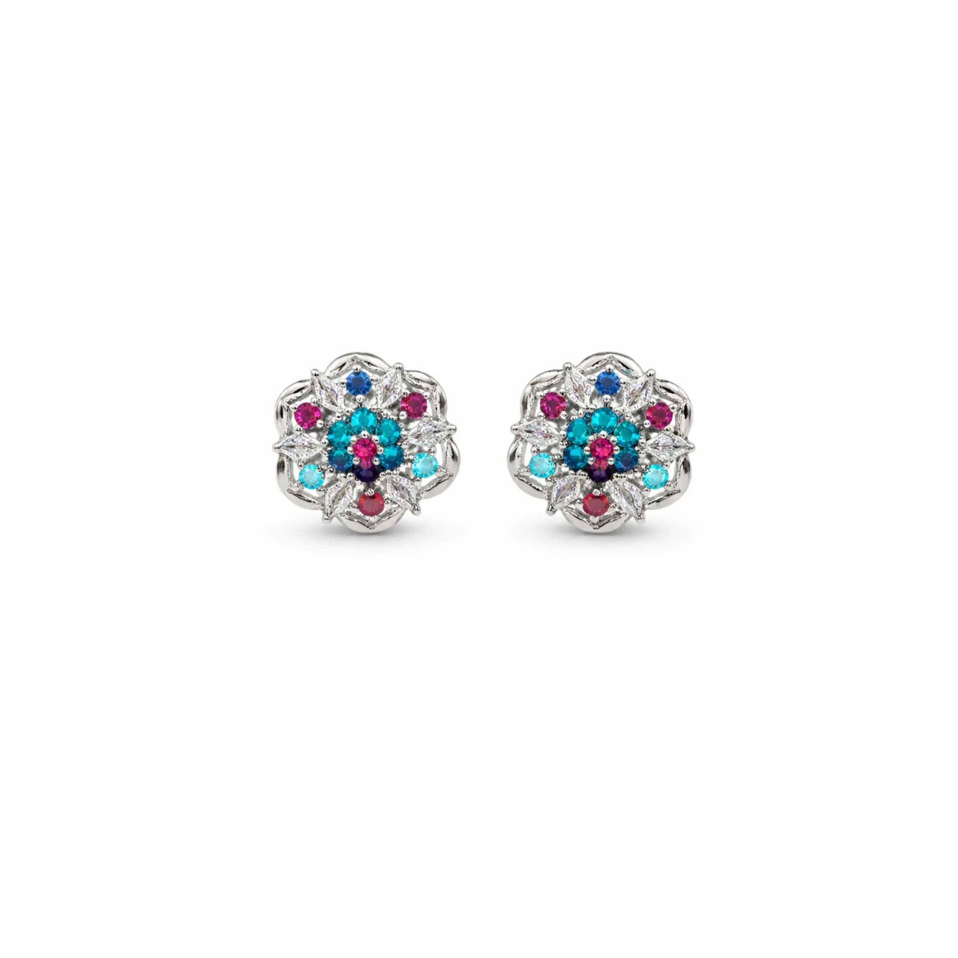 Dazzlé Floral Multicolor Crystal Stud Earrings for Women &  Girls | Silver-Tone Statement Flower Earrings