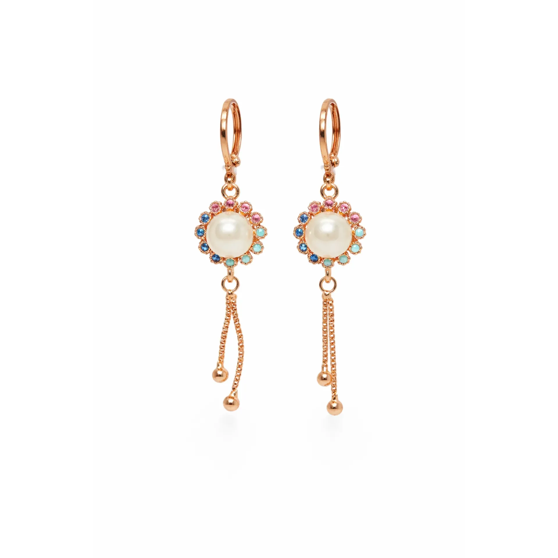 Dazzlé Rose Gold Pearl Drop Earrings for Women & Girls | Multicolor Crystal Dangle Hoops