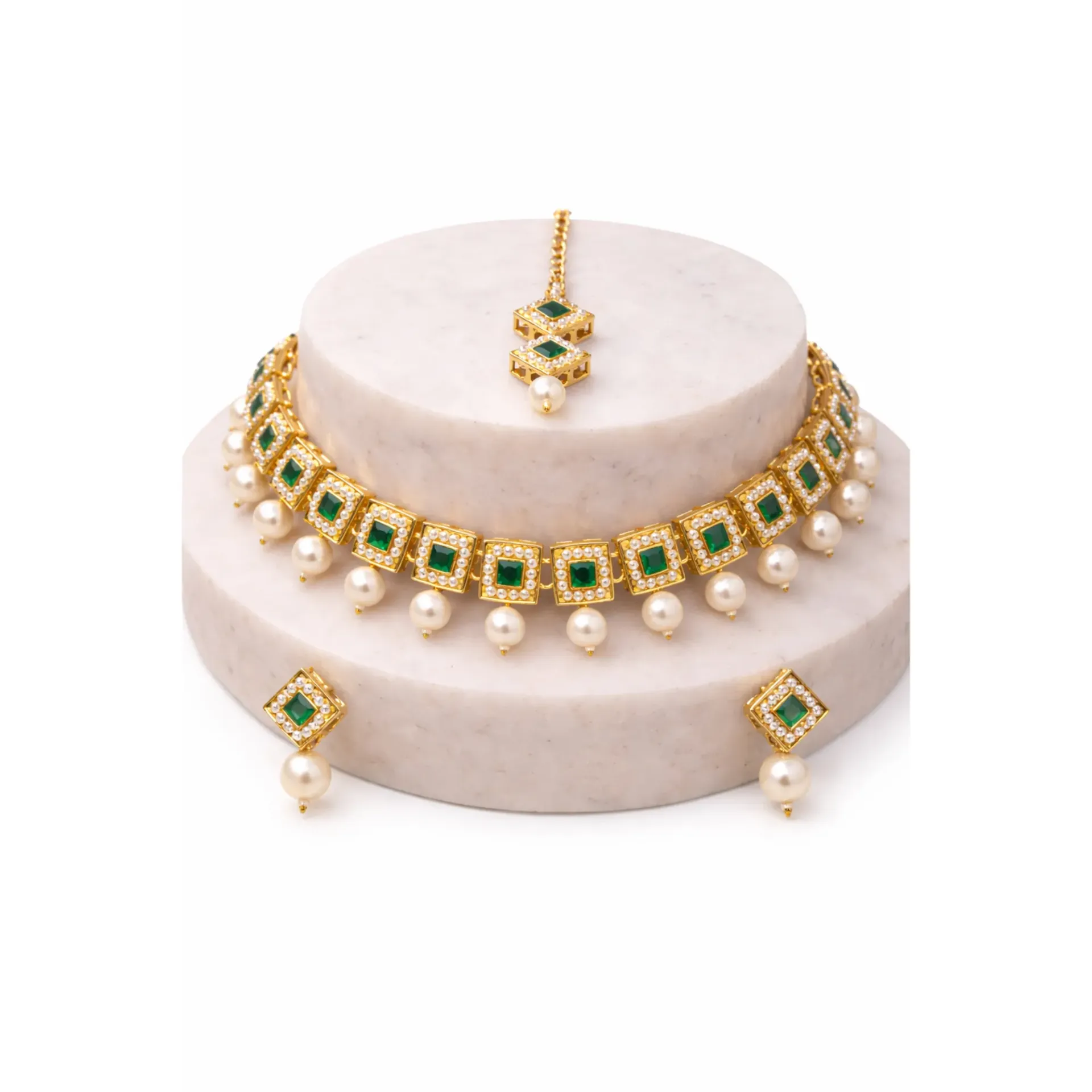 Dazzlé Gold-Tone Green Stone & Pearl Choker Necklace Set with Earrings and Maang Tikka | Traditional Wedding Jewellery Set