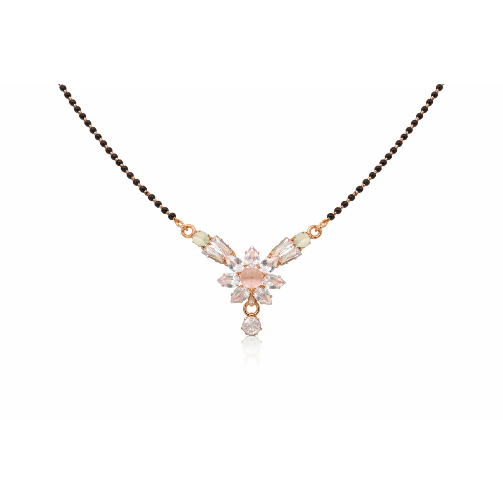 Dazzlé Rose Gold-Tone Floral CZ Mangalsutra Necklace with Black Bead Chain | Elegant Traditional Pendant for Women