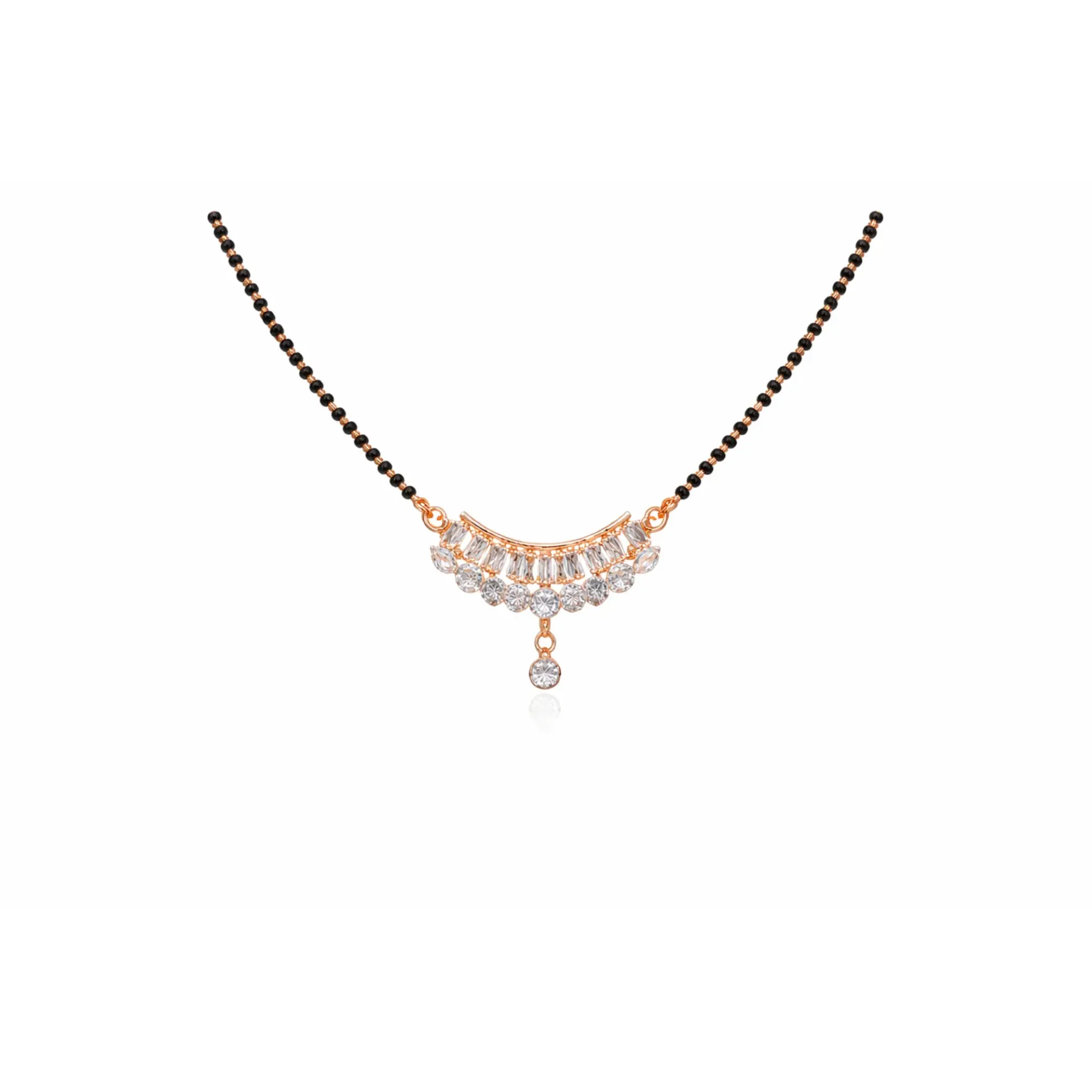 Dazzlé Rose Gold-Tone CZ Mangalsutra Necklace with Curved Pendant & Drop Accent | Elegant Daily & Festive Wear for Women