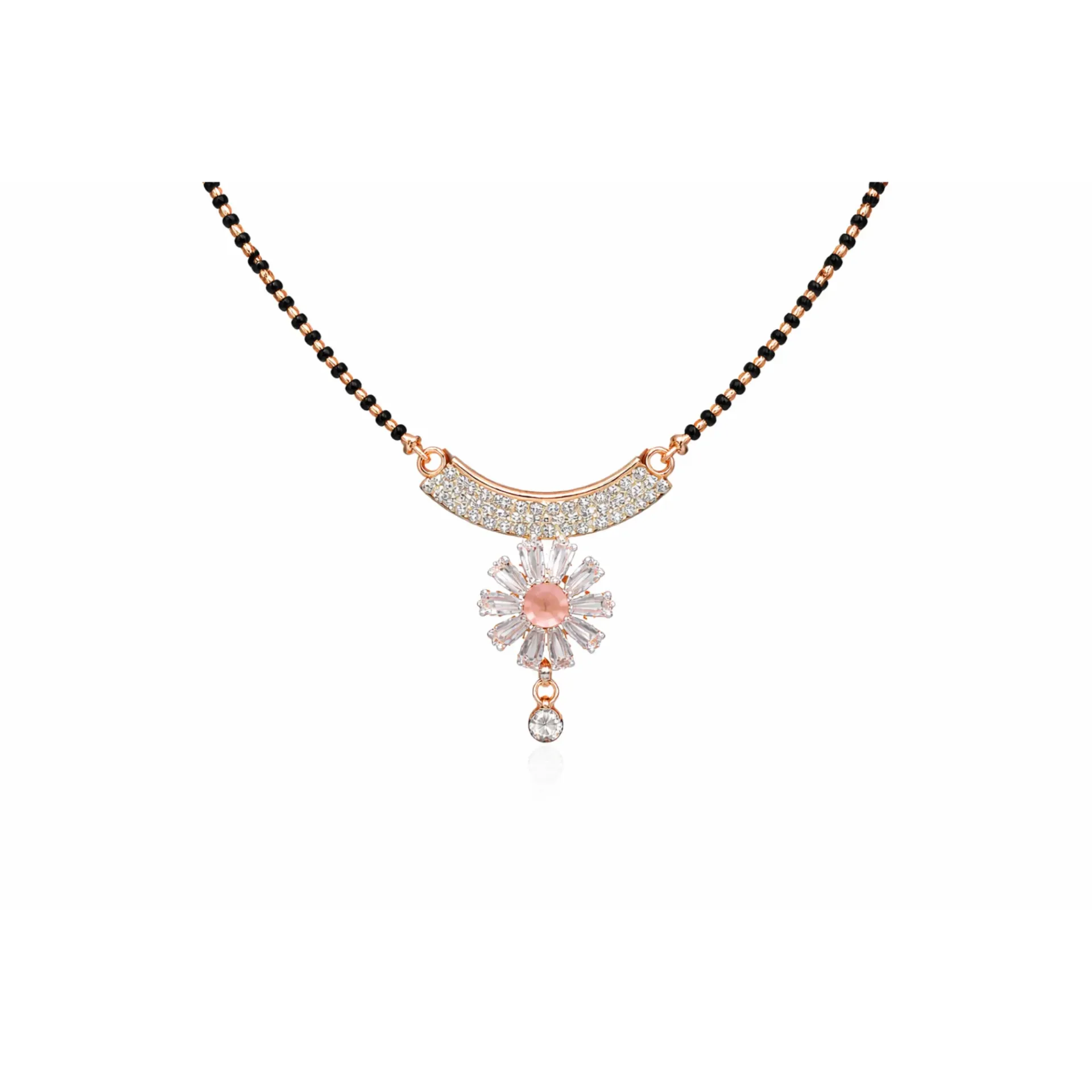 Dazzlé Rose Gold-Tone Floral CZ Mangalsutra Necklace with Curved Bar & Drop Charm | Elegant Traditional & Modern Wear for Women